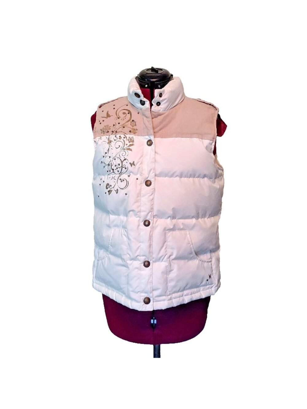 Old Navy Puffer Vest Women’s Large White Tan Corduroy Trim Pockets Embellished L